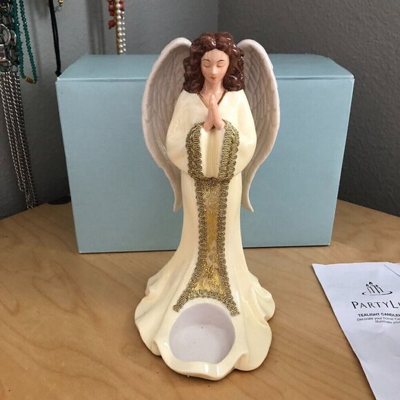PartyLite Heirloom Gabriel Angel Ivory Gold Porcelain Tealight Holder P9927 9" - Picture 2 of 9
